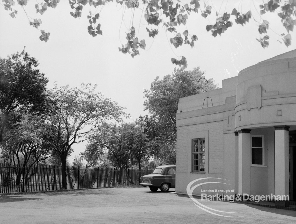 Rectory Library, Dagenham, showing exterior view of portico and gardens from west, with Old Dagenham Park beyond, 1970