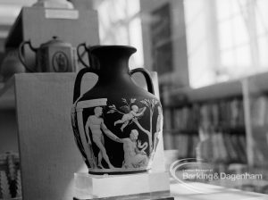 Travelling Victoria and Albert Exhibition on Wedgwood at Rectory Library, Dagenham, showing Portland vase facsimile in Jasperware, circa. 1790 – 1795, 1970