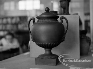 Travelling Victoria and Albert Exhibition on Wedgwood at Rectory Library, Dagenham, showing vase and cover, black basalt ware circa. 1770, 1970