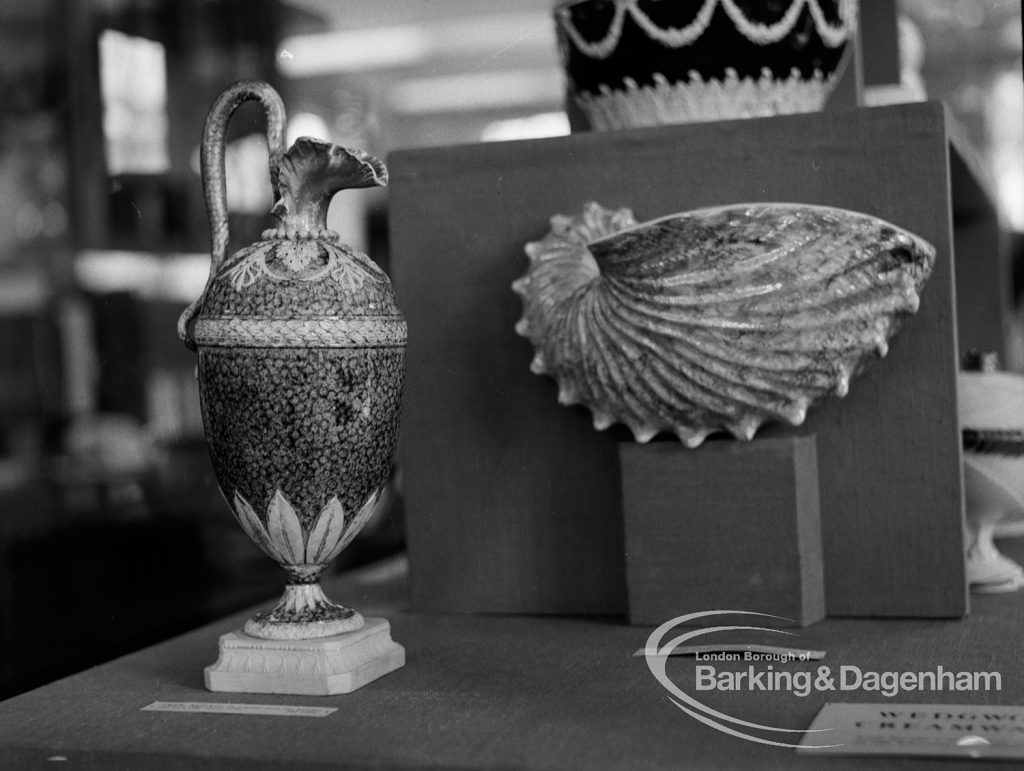 Travelling Victoria and Albert Exhibition on Wedgwood at Rectory Library, Dagenham, showing green agateware on Jasper base circa. 1770, and white earthenware paper rack cover circa. 1810, 1970