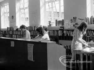 Rectory Library, Dagenham, showing new counter with staff at work, 1970