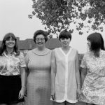 London Borough of Barking Libraries staff at Rectory Library, showing Miss Ann Long, Miss Hilda Godfrey, Miss Pat Parlour and Miss Jean Towler in grounds of library, 1970