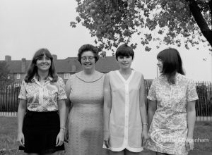 London Borough of Barking Libraries staff at Rectory Library, showing Miss Ann Long, Miss Hilda Godfrey, Miss Pat Parlour and Miss Jean Towler in grounds of library, 1970