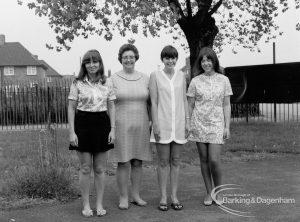 London Borough of Barking Libraries staff at Rectory Library, showing Miss Ann Long, Miss Hilda Godfrey, Miss Pat Parlour, and Miss Jean Towler in grounds of library, 1970