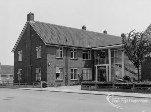 Mayesbrook housing for elderly people in Bevan Avenue, Barking, showing entrance looking from north-west, 1970