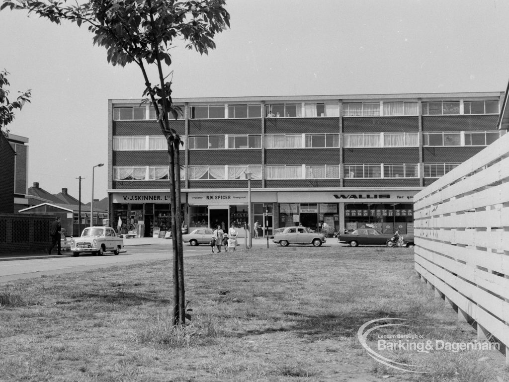 Housing for elderly people at Church Elm Lane, Dagenham, showing housing and new parade of shops, looking from south, 1970