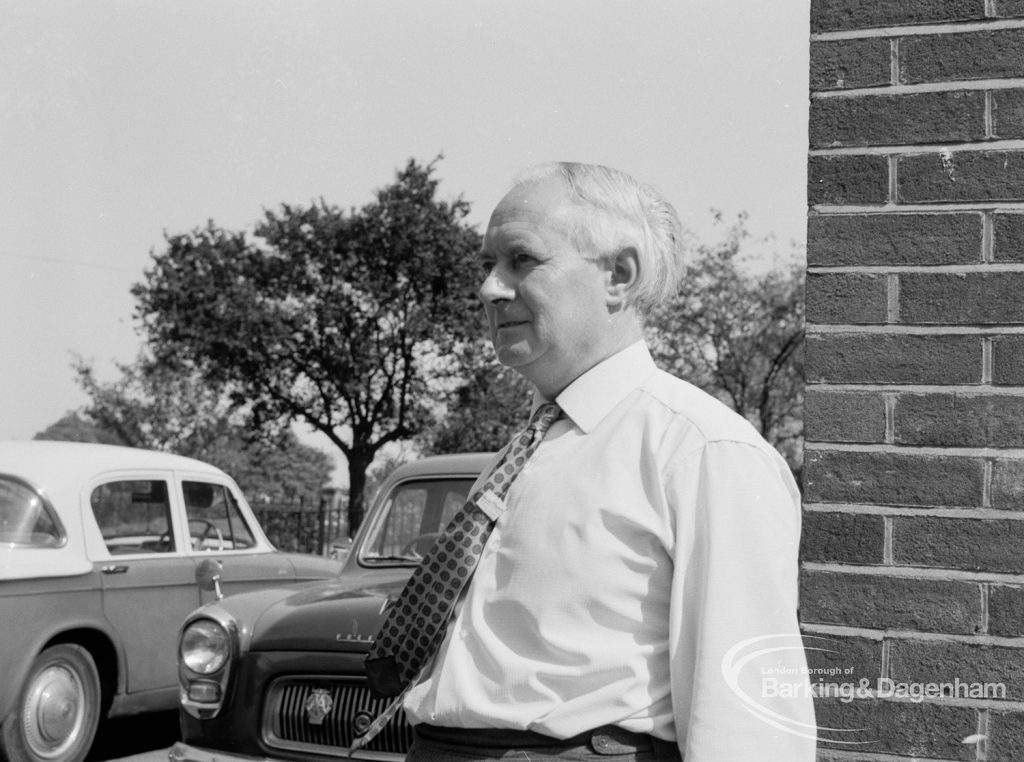 Rectory Library, Dagenham staff, showing Egbert E Smart in grounds of library, photograph taken by caretaker, 1970