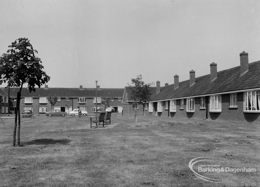 Mayesbrook housing, showing bungalows for elderly people in Bevan Avenue, Barking, on east side, 1970