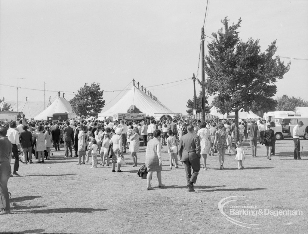 Dagenham Town Show 1970, showing large number of visitors walking in main avenue, 1970