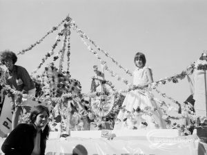 Dagenham Town Show 1970, showing decorated maypole and girl on float, 1970