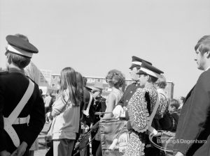Dagenham Town Show 1970, showing spectators including drummer and other bandsmen watching event, 1970
