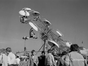 Dagenham Town Show 1970, showing fairground with spinning aerial chairs, 1970