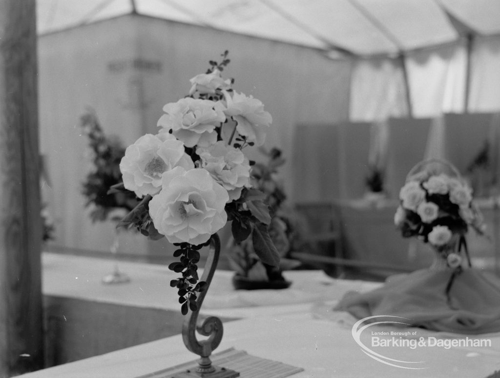 Dagenham Town Show 1970, showing horticulture exhibition with artistic spray of dahlias on wrought iron stand, 1970