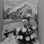 Dagenham Town Show 1970, showing horticulture exhibition with display of chrysanthemums against image of snow-capped mountains, 1970