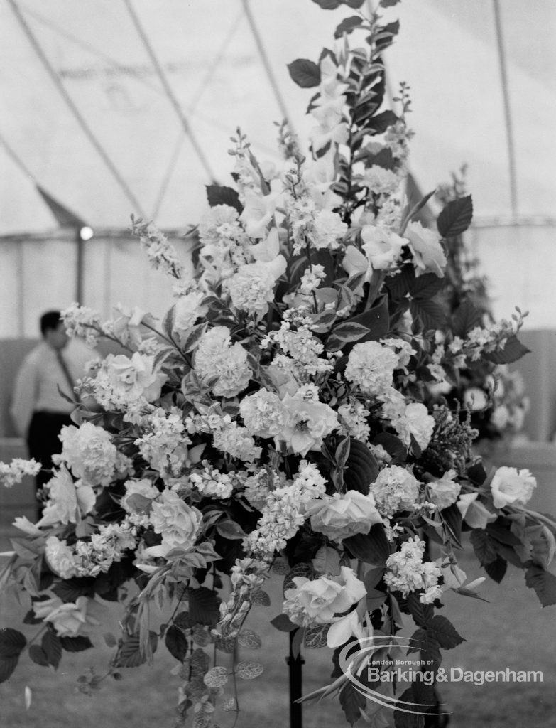 Dagenham Town Show 1970, showing horticulture exhibition with flower arrangement of sprays and trailing plants, 1970