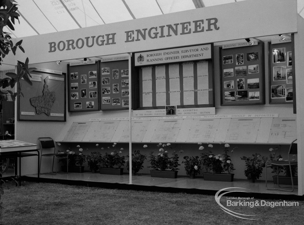 Dagenham Town Show 1970, showing display of documents and photographs on Borough Engineer stand, 1970