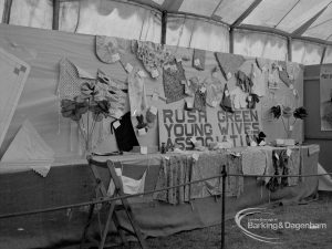 Dagenham Town Show 1970, showing embroidery and handiwork display on Rush Green Young Wives Association stand, 1970
