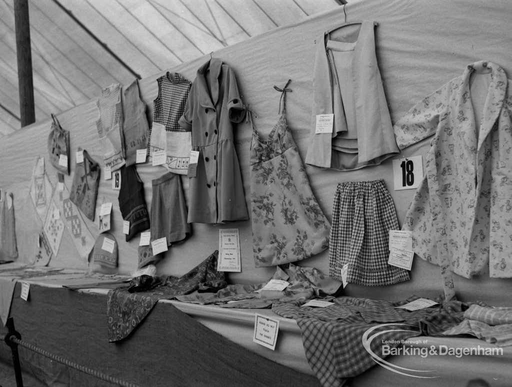 Dagenham Town Show 1970, showing stand displaying homemade dresses, coats, et cetera, 1970