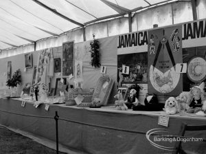 Dagenham Town Show 1970, showing handicrafts, including toys, tea cosies, and Jamaica display, 1970