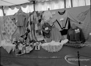 Dagenham Town Show 1970, showing display of dressmaking, pullovers, table centres, et cetera, 1970