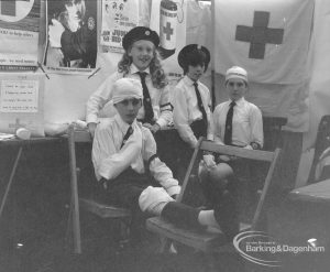 Dagenham Town Show 1970, showing Red Cross tent with a group of children, one bandaged, 1970