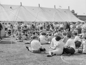 Dagenham Town Show 1970, showing Refreshments marquee and groups of visitors sitting on the grass, 1970