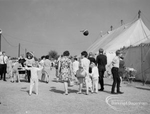 Dagenham Town Show 1970, showing groups of visitors, silver marquee and balloon, 1970