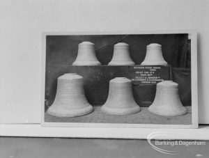 Photographic negative copy of old Valence House Museum photograph, showing set of six bells from St Peter and St Paul’s Parish Church, Dagenham, 1970