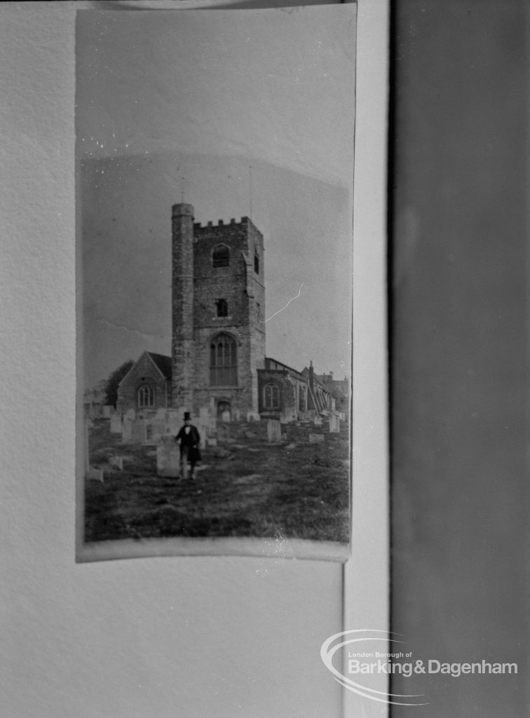 Photographic negative copy of old Valence House Museum photograph, showing St Margaret’s Parish Church Tower, Barking, at west end, 1970