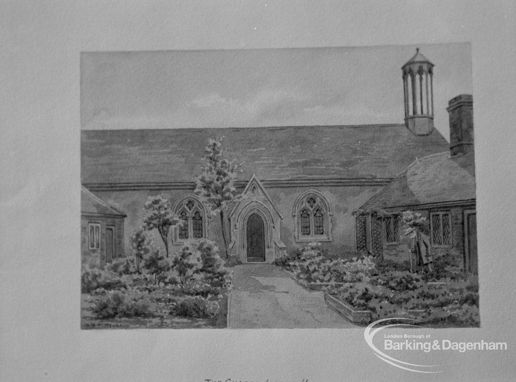 Photographic negative copy of old Valence House Museum photograph, showing original watercolour painting of small Church with turret, 1970