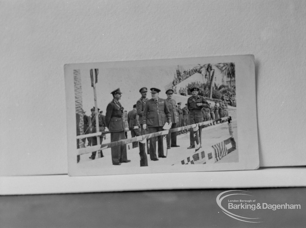 Photographic negative copy of old Valence House Museum photograph, showing King George VI and Winston Churchill afloat at Review, 1970