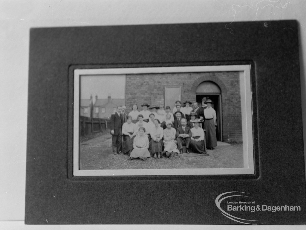 Photographic negative copy of old Valence House Museum photograph, showing group of people outside old Chapel [possibly Wangey (Wangye) Chapel, Chadwell Heath, and possibly dated 1910], 1970