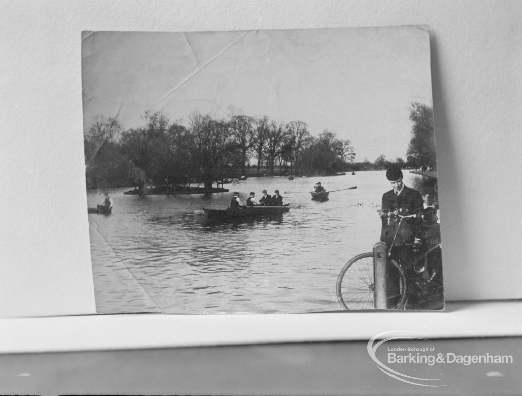 Photographic negative copy of old Valence House Museum photograph, showing boating scene [possibly at Boating Lake in Barking Park], 1970