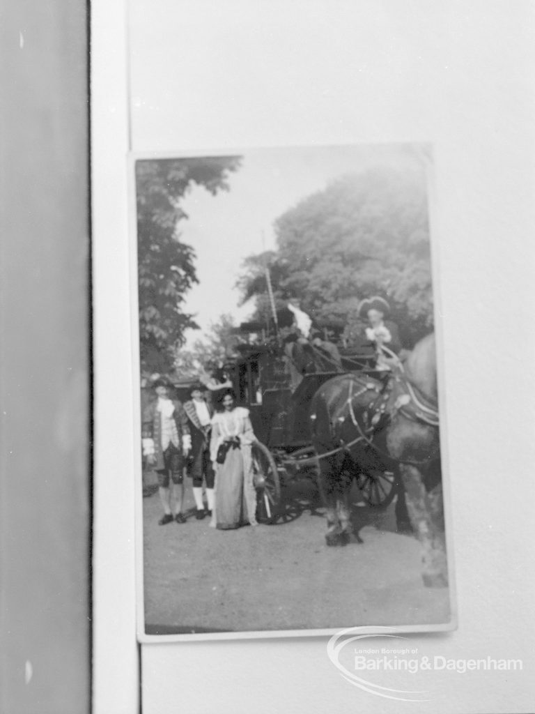 Photographic negative copy of old Valence House Museum photograph, showing pageant scene with coach and horse and people in period dress, 1970