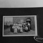 Photographic negative copy of old Valence House Museum photograph, showing group of people outside old Chapel [possibly Wangey (Wangye) Chapel, Chadwell Heath, and possibly dated 1910], 1970