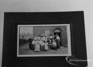 Photographic negative copy of old Valence House Museum photograph, showing group of people outside old Chapel [possibly Wangey (Wangye) Chapel, Chadwell Heath, and possibly dated 1910], 1970