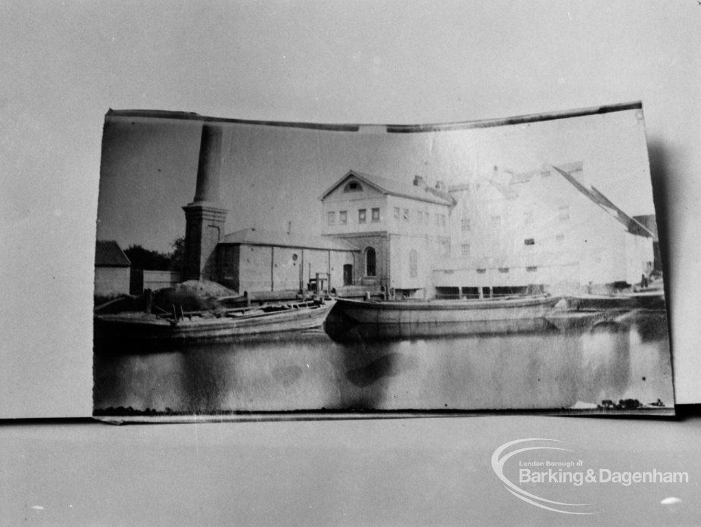 Photographic negative copy of old Valence House Museum photograph, showing oldest photograph of Barking Mill [dated well before 1922], 1970