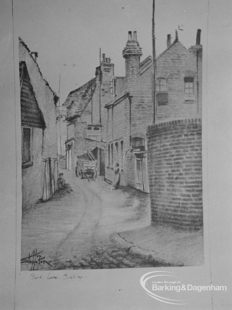 Photographic negative copy of old Valence House Museum photograph, showing lithographic reproduction of drawing of Back Lane, Barking, 1970