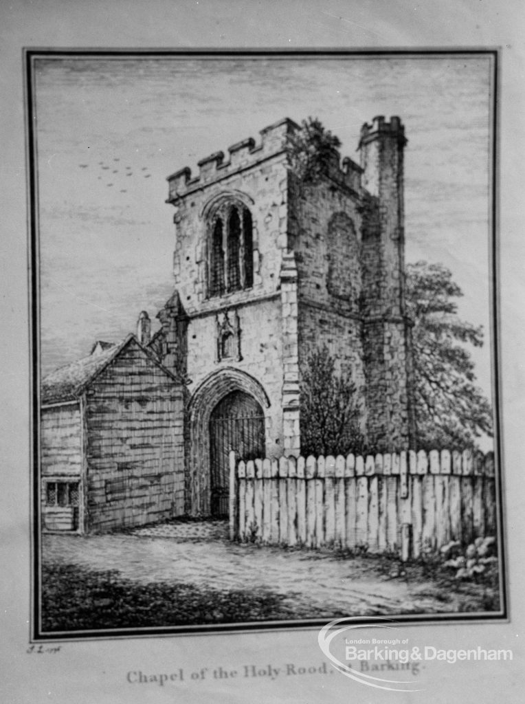 Photographic negative copy of old Valence House Museum photograph, showing engraving of shed, wooden fence, and Chapel of the Holy Rood in Curfew Tower at Barking Abbey [signed ‘SL 1796’], 1970