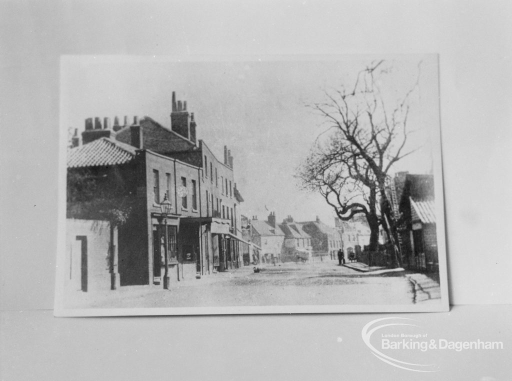 Photographic negative copy of old Valence House Museum photograph, showing photocopy of ‘Essex Times’ photograph of Broadway and North Street, Barking [dated circa. 1880], 1970