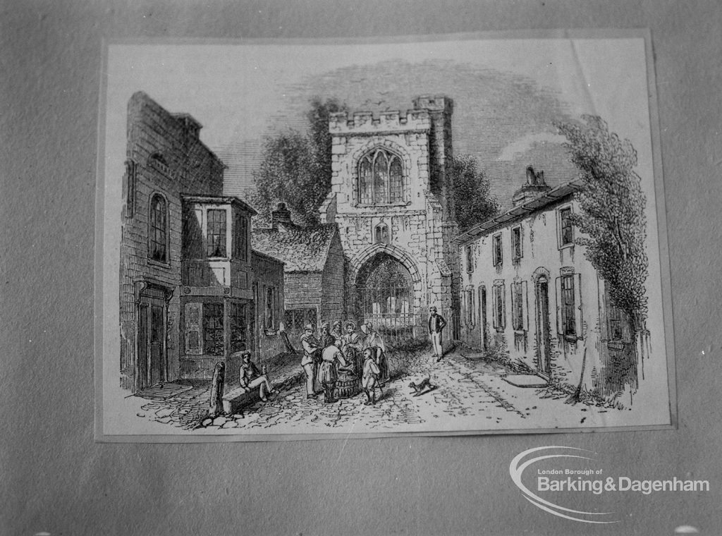 Photographic negative copy of old Valence House Museum photograph, showing steel engraving of Curfew Tower at Barking Abbey and adjoining old buildings [possibly dated circa. 1800], 1970