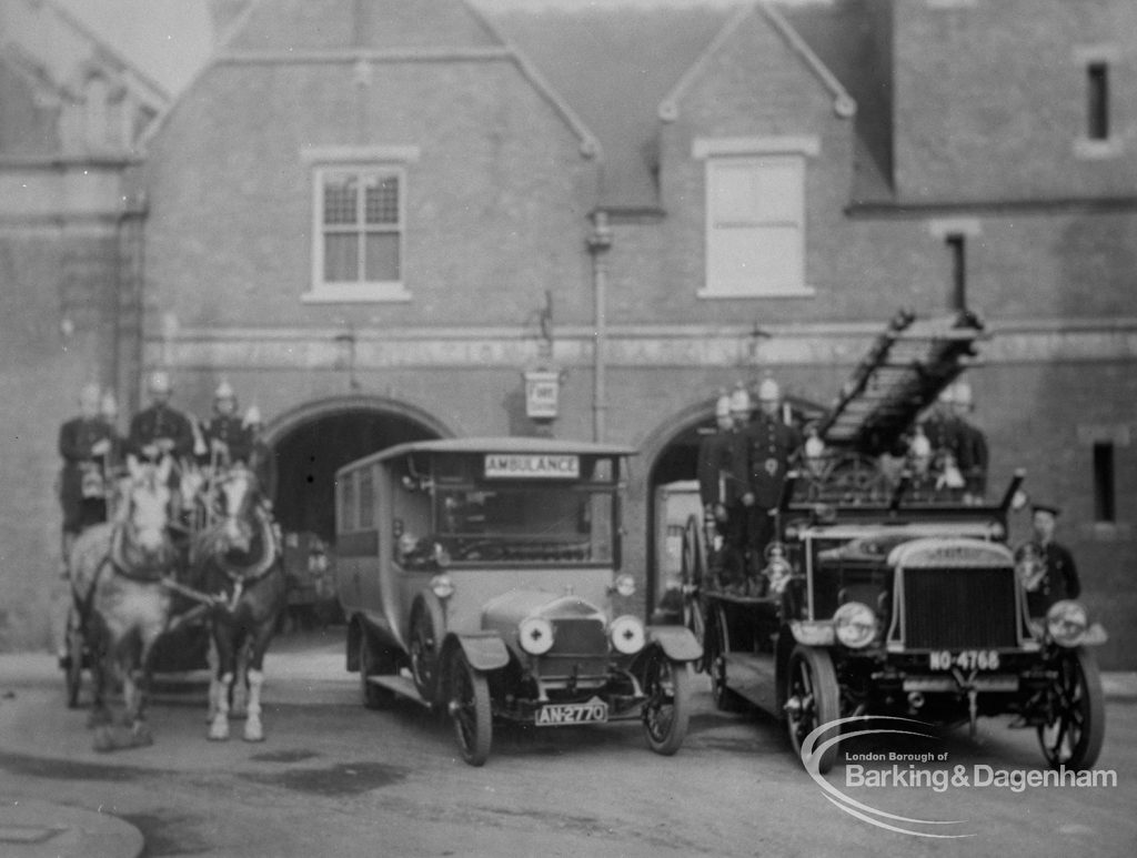 Photographic negative copy of old Valence House Museum photograph, showing Barking Fire Station with manned fire engine, manned horse-drawn appliance, and ambulance [possibly dated circa. 1917], 1970