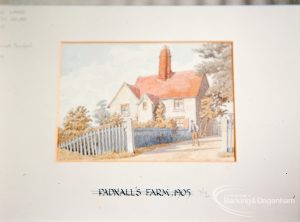 Photographic negative copy of old Valence House Museum photograph, showing watercolour painting by A Bennett Bamford of Padnall’s Farmhouse, Rose Lane, Marks Gate, 1970