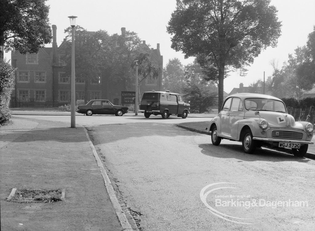 Town Planning improvements on the Eastbury Estate, Barking, showing Denham Way looking towards Eastbury Avenue, and Eastbury House, 1970