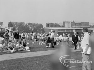 Barking Carnival 1970, showing majorettes lining up beside pavilion, 1970