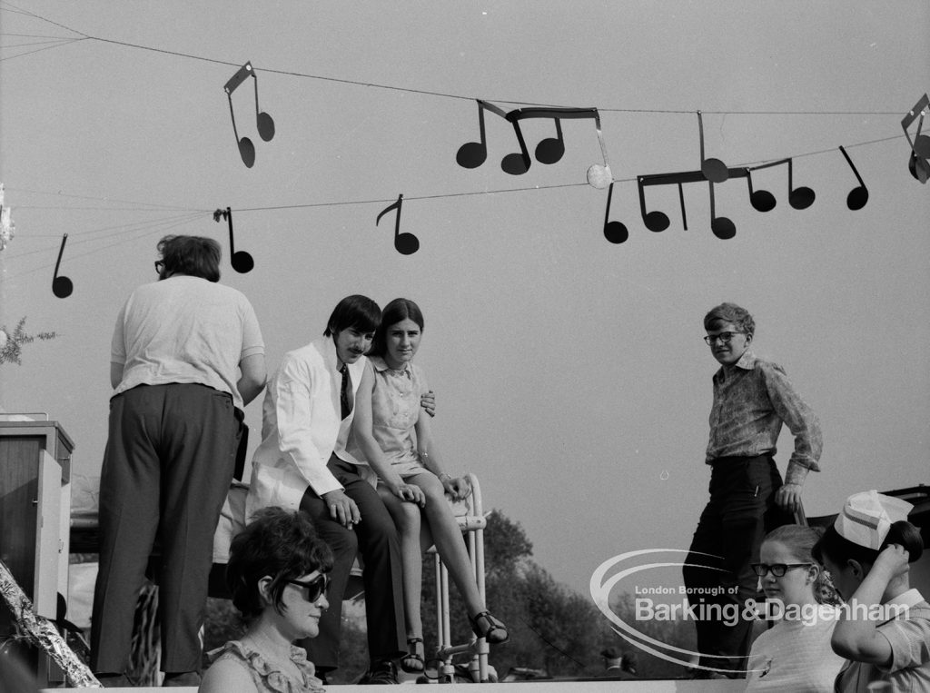 Barking Carnival 1970, showing a music group’s float, 1970