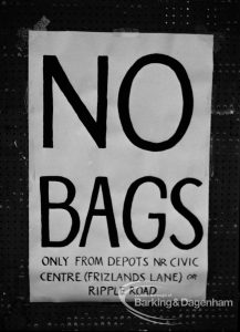Library Notice during strike, saying ‘No Bags’ [for refuse disposal], ‘only from Depots near Civic Centre (Frizlands Lane) or Ripple Road’, 1970