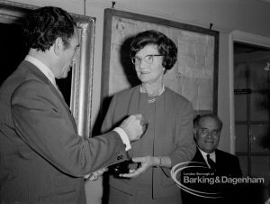 London Borough of Barking Libraries, showing presentation of Fairchild Cup by Mr Michael Feld to Chairman Councillor Mrs Thomas, 1970