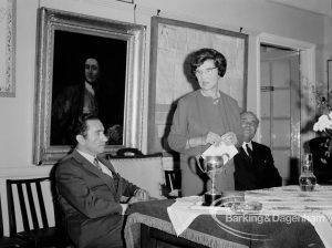 London Borough of Barking Libraries, showing Chairman Councillor Mrs Thomas speaking at the presentation of Fairchild Cup, with Mr Michael Feld seated, 1970