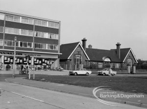Church Elm Lane, Dagenham, showing old William Ford Church of England School, Wallis Supermarket and new flats, 1970